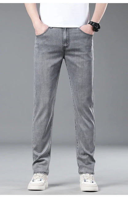 New Men's Thin Lyocell Jeans Soft Business Stretch Fashion Trousers Slim Brand Casual Elasticity Denim Pants Male Clothes