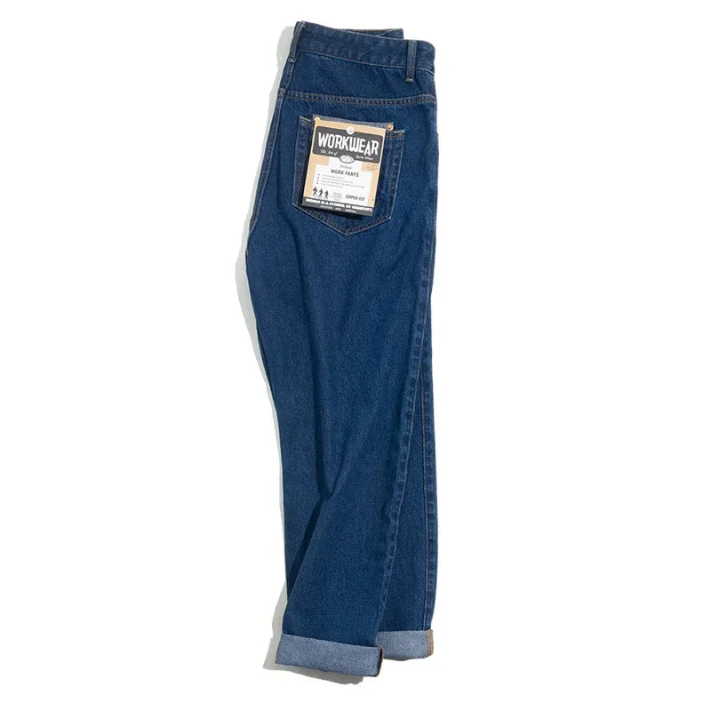 Men Vintage Washed Denim Jeans 12.8 OZ Straight Dark Blue Loose Casual Wide Leg Pants Male Streetwear Blue Jeans Trousers