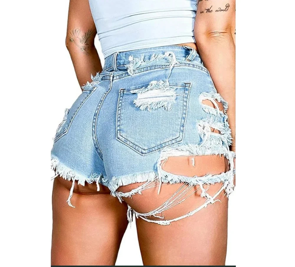 Women Sexy Denim Shorts with Pockets Frayed Ripped Holes Cute Sexy Hot Mini Irregular Waist Jean Shorts