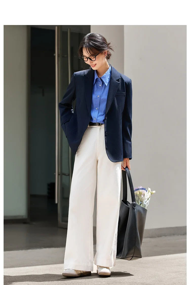 Women's Navy Blue Jackets Autumn 2026 Oversize Elegant Office Wear Blazer Notched Ladies New in Coats and Jackets A2360