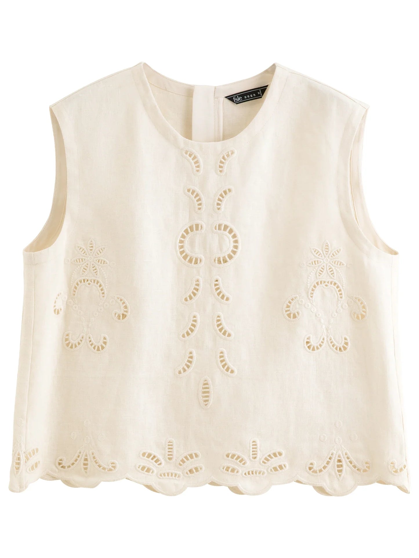 Summer Women Linen Two Piece Set Cut-Out Embroidered Sleeveless Top Midi Skirt Boho Beach Vacation Style
