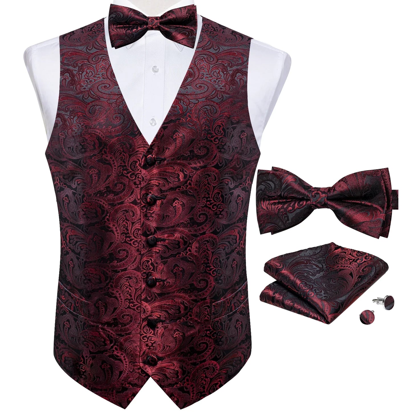 Retro Paisley Floral Full Set with Bowtie Pocket Square and Cufflinks Banquet Essential
