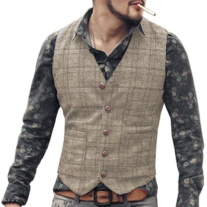 Men Vest Gray Checkered Single Button V Neck Waistcoat For Wedding Party Prom Business Work Office Daily Casual Men Suit Vest