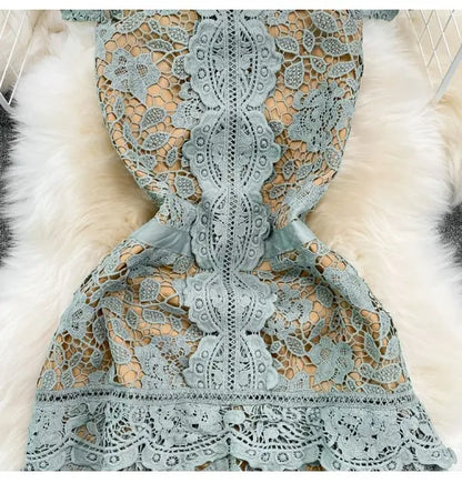 Retro Court Sle round Ne Fly Sve Slimming Soluble Hook Flower Hollow A-Line Dr Summer New Arrival Women's Faion
