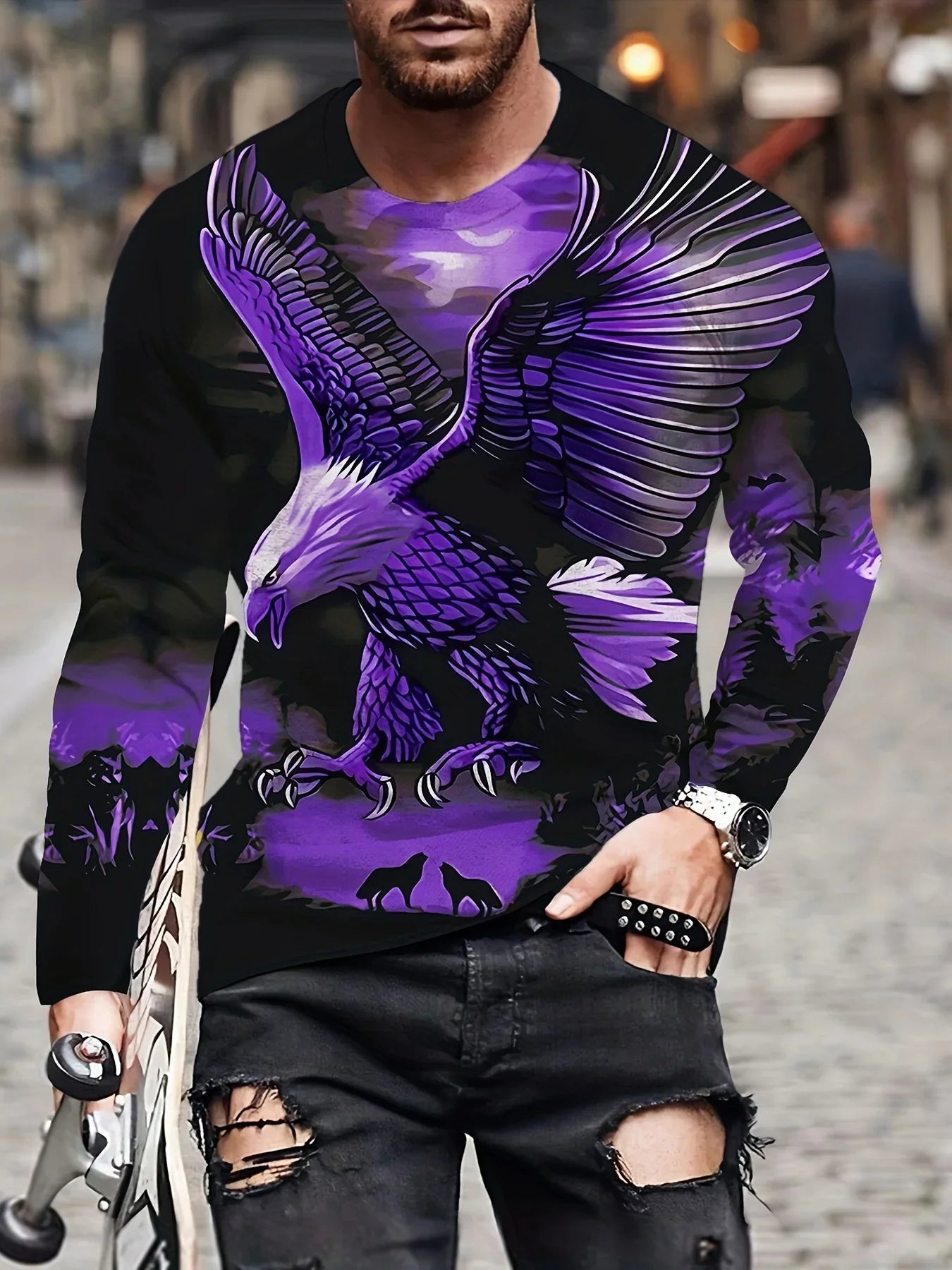 Men's Eagle Printed Long Sleeve Round Neck Retro Novelty T Shirt Autumn Fashion Large Size Long Sleeve Men's Shirt Clothing