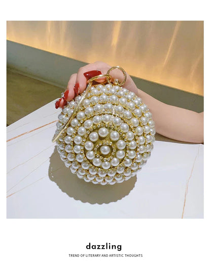 Round Pearl Clutch Purse Handbag Luxury Elegant Evening Bag Ring Handle For Women Bride Bridesmaid Wedding Party Handbag Purses
