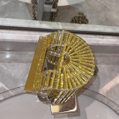 Women's Half-Moon Evening Bag Luxury Designer Rhinestone clutch bag Fan Shape Golden Party Bag Mini Sparkling Wedding Purse