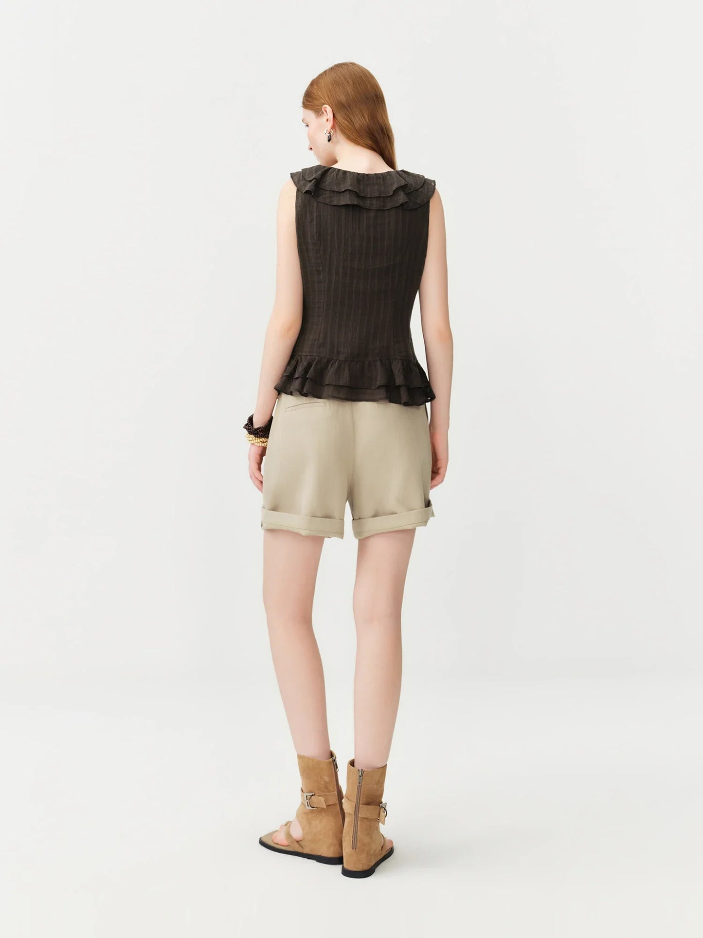 Retro Ruffled Tie-Waist Sleeveless Fitted Waist Shirt Women's 2026 Summer New Top Korean Style Sweet Girls Silk