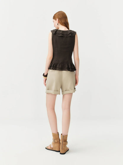 Retro Ruffled Tie-Waist Sleeveless Fitted Waist Shirt Women's 2026 Summer New Top Korean Style Sweet Girls Silk