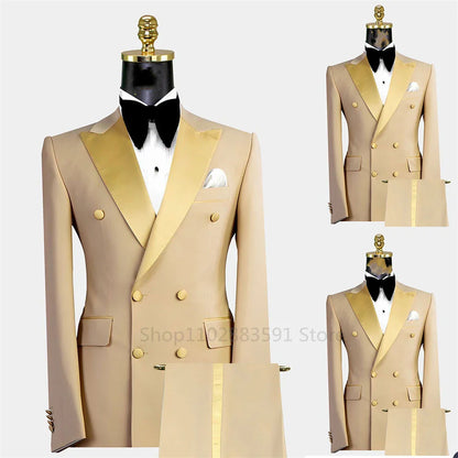 Men's Suit Double breasted Tuxedos Formal Slim Fit Notch Lapel Party Solid Groom Khaki Suits For Wedding 2 Pieces（Blazer+Pants）