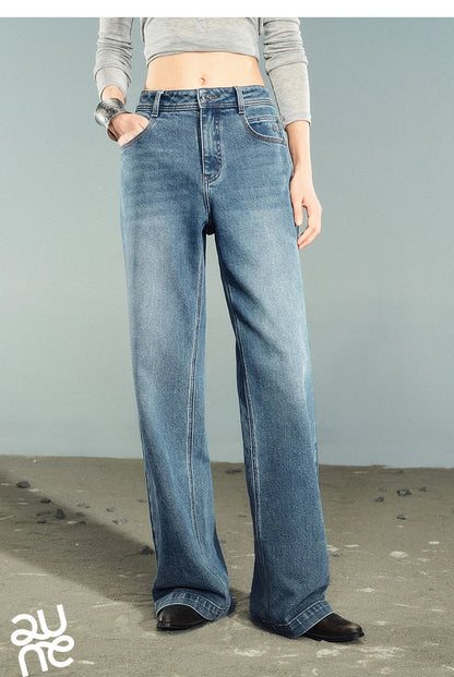 Women Denim Jeans 2025 Autumn New Lycra Stretch Washed Wide Leg Straight Long Pants