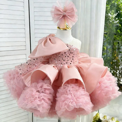 Customized Flower Girl Dresses Dusty Pink Sequin Satin Tulle With Bow For Wedding Birthday Party Prom Evening Banquet Ball Gown