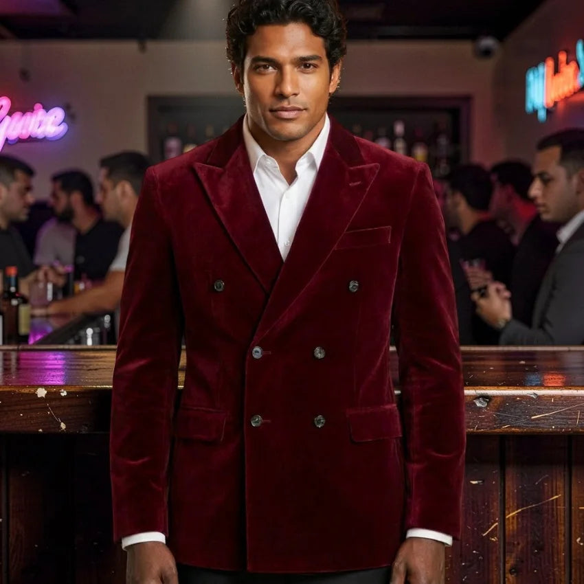 Velvet Blazer for Man 1 Piece Double Breasted Peak Lapel Men Suit Jacket Male Fashion Slim Fit for Dinner Party XS-5XL