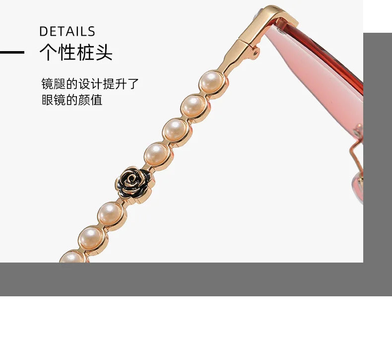 Women's Rimless Cut Edge Sunglasses Pearl Temple Gradient Lens Sun Glasses Elegant Y2K UV400 Shades Luxury Metal Fashion Eyewear