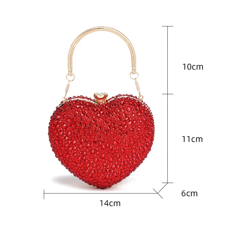 Designer Luxury Diamond Heart-shaped Bag Red Rhinestone Evening Clutch Purse Female Wedding Handbag Woman Chain Shoulder Bags