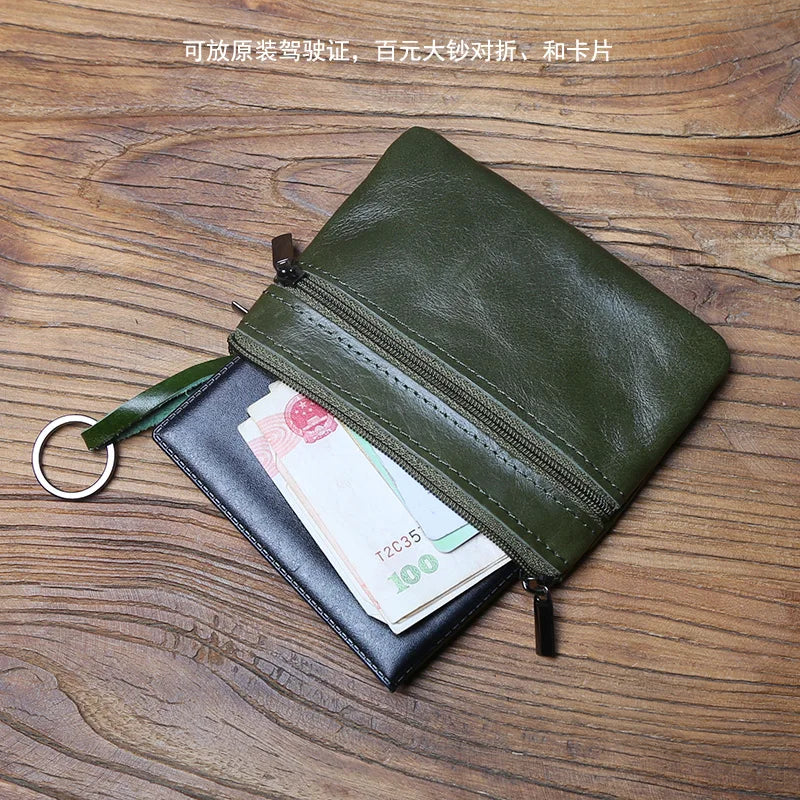 Vintage Genuine Leather Men's Zero Wallet Natural Cowhide Zipper Key Bag Women's Bank Card Bag Mini Coin Bag  Card Holder