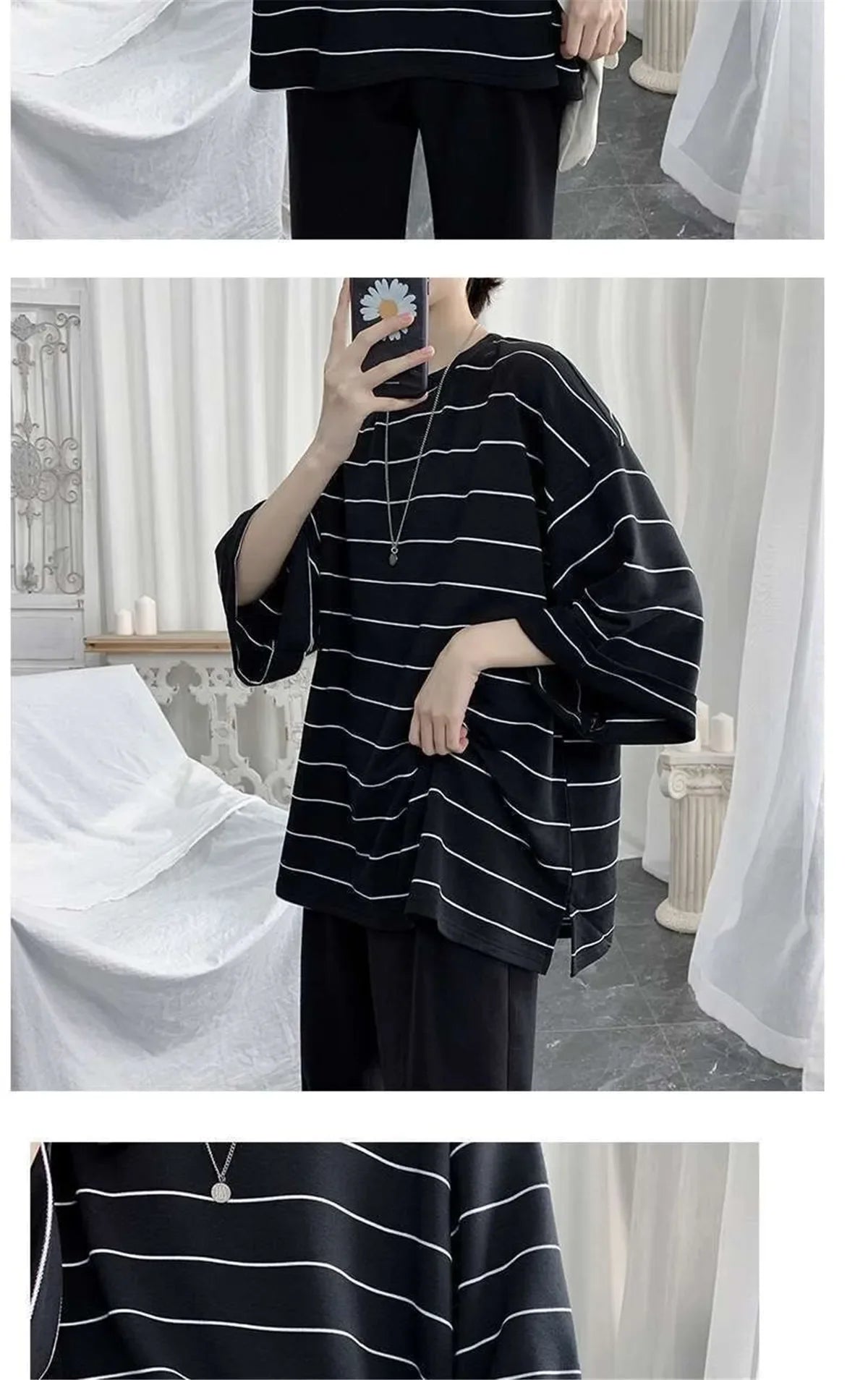2026 Summer Oversized T-Shirt Men Funny Harajuku Tshirt Streetwear Femme Striped Japan Hip Hop Loose Half Sleeve T Shirts Male