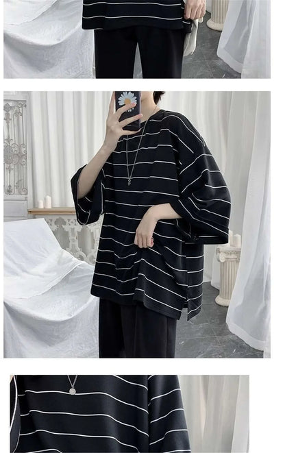 2026 Summer Oversized T-Shirt Men Funny Harajuku Tshirt Streetwear Femme Striped Japan Hip Hop Loose Half Sleeve T Shirts Male