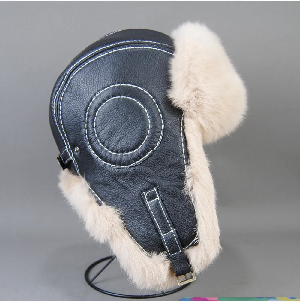 2026 Fashion Men's 100% Natural Rabbit Fur Bomber Hats Winter Russian Man Warm Real Sheepskin Leather Hat Male Real Fur Caps
