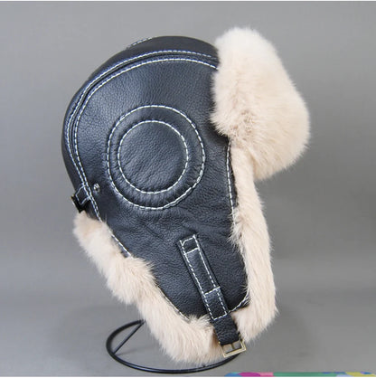 2026 Fashion Men's 100% Natural Rabbit Fur Bomber Hats Winter Russian Man Warm Real Sheepskin Leather Hat Male Real Fur Caps