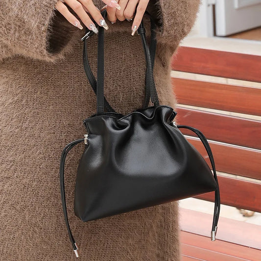 Luxury Pleated Cloud Crossbody Bag - Premium Genuine Leather Drawstring Shoulder Purse, Versatile Small Bag for Elegant Lady