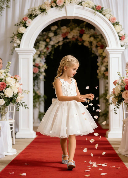 Snvdzo Princess Girls Lace Flower Girl Dress 3D Floral Sleeveless Tulle Princess Wedding Pageant Party Dresses 2026 with Big Bow