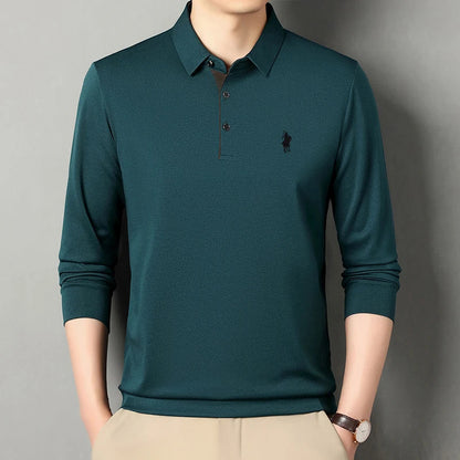 2025 Latest Autumn New Men's Long Sleeve Polo Shirt Middle Aged Business Comfortable Solid Color Men's Collar T-shirt