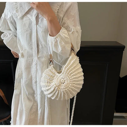 Fashion Conch Shaped Crochet Women Shoulde Bags Funny Cute Pearls Chains Handmade Weave Crossbody Bag Novelty Small Handbags