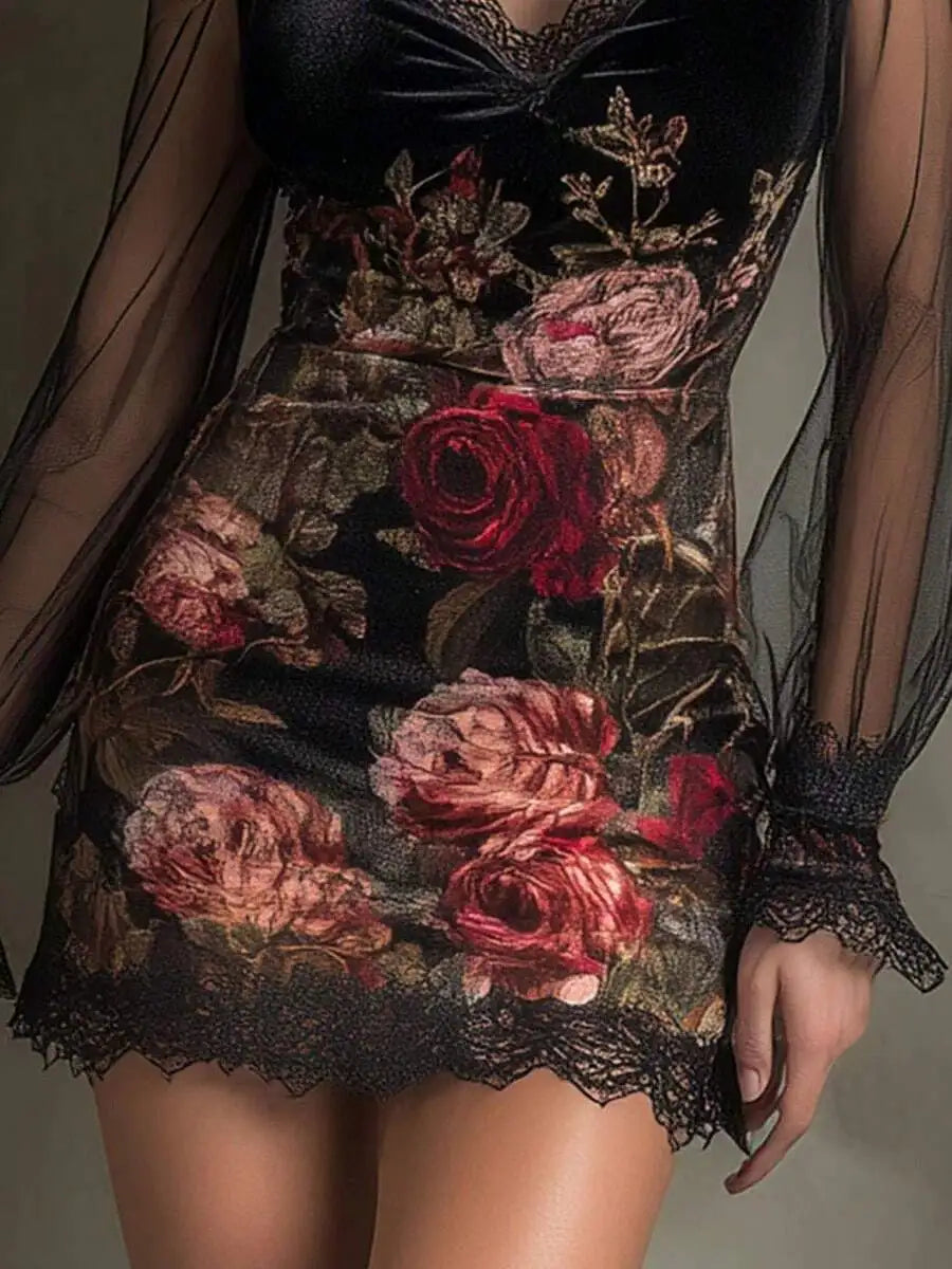 Sexy Lace And Sheer Fabric Spliced Halter-Neck Short Dress