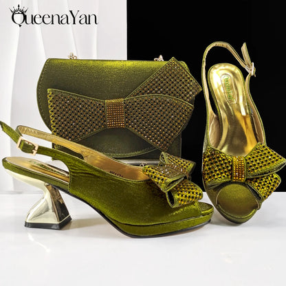 Elegant Women High Heels for Peep Toe Good Material Rhinestone Wine Sandals Italian Design Shoes and Bags Matching