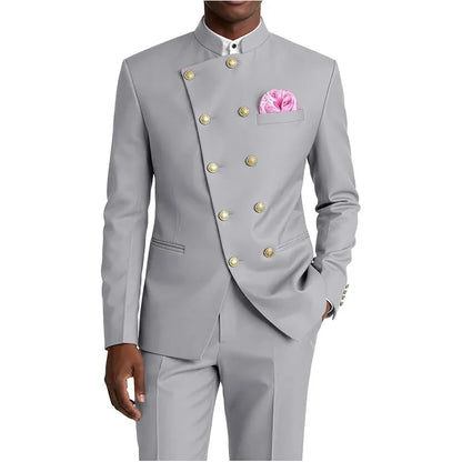 Men's Chinese Style Suit 2 Piece Brown Mandarin Collar Double Breasted With Gold Buttons Formal Jacket Pants For Business Weddin