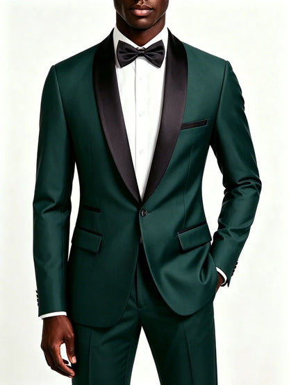 Men's Black Satin Shawl Lapel Tuxedo Suit 2 Pieces, Slim Fit Formal Blazer & Pants for Wedding Party Prom Groom Outfit
