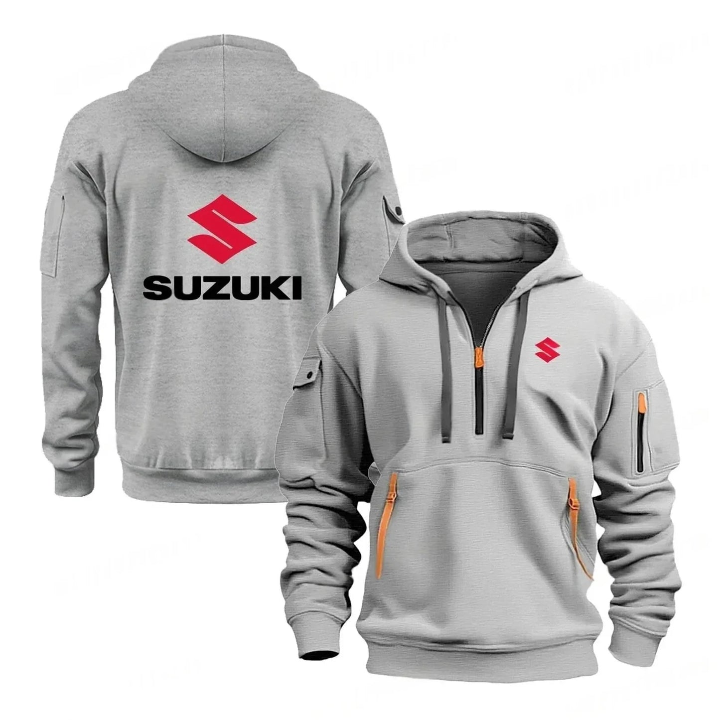 Suzuki brand men's street sports motorcycle hoodie with printed design autumn and winter semi-zipper multi-pocket sweatshirt