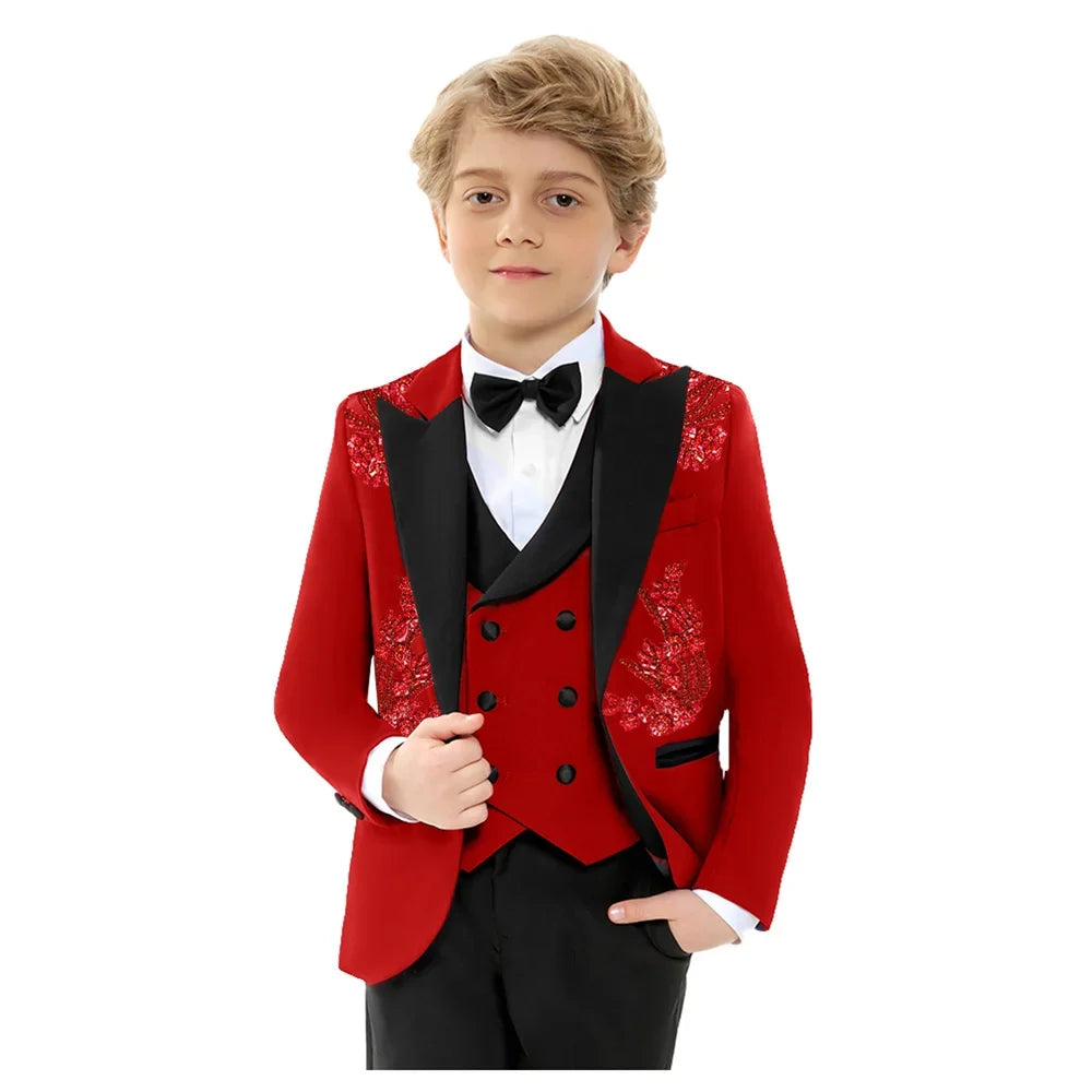 Christmas Boys Slim Fit Suis 4 Pieces Jacket Vest Pants Bow-tie Exquisite Red Beaded Suit Set Birthday Party Outfit 3-14T