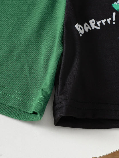 Summer Boys Clothes Set Dinosaur Print Color Block T-shirt Shorts 2Pcs 1-8 Years Toddler Kids Breathable Sporty Casual Outfit