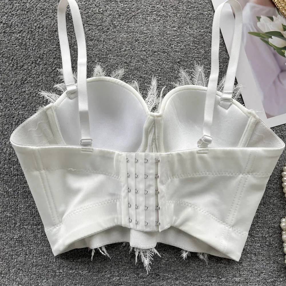 Women Hotsweet Sleeveless Sexy Chest Cushion Lace Backless Embroidered Beads Slim Straps Camis Top High Street Autumn Clothing
