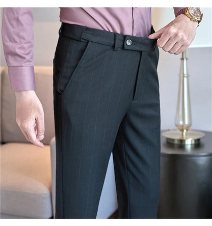 High Qualitys Wool Elastic Waist Striped Suit Pants Autumn Winter Thickening Men Business Slim Fit Social Casual Trousers Hommes