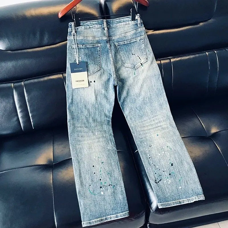 High-quality Blue Jeans Men's 2025 Spring and Summer European Wear Cargo Brand Letter Printing Ink Splashing Straight-leg Pants