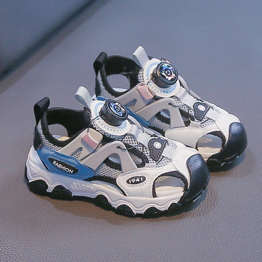 Kids Shoes Rotating Button Closed-Toe Boys Sandals Breathable Mesh Sport Shoes for Boys, Non-Slip Children Summer Sneakers