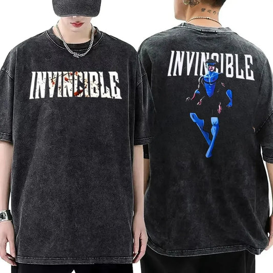 Hot Anime Invincible Washed Cotton Tshirt Anime Lover Couples Plus Size Unisex Mark Grayson Clothing High Quality Top