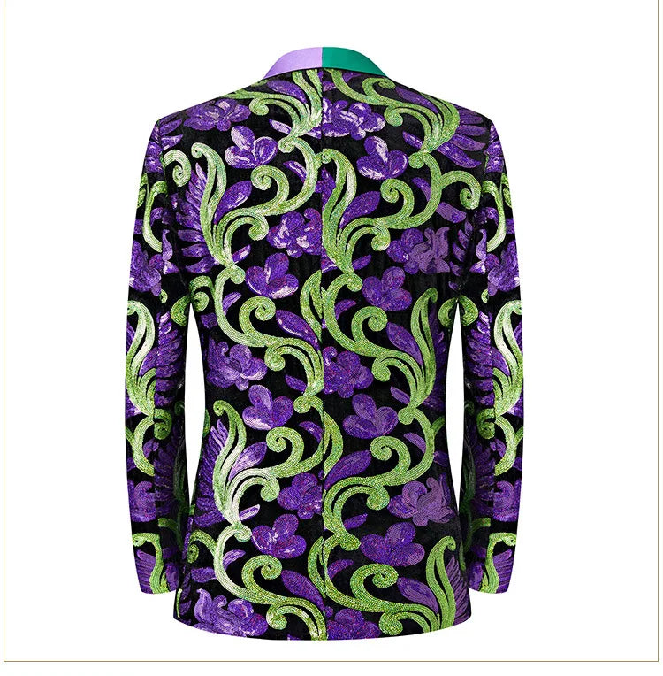 2024 New Flat Velvet Large Flower Sequin Jacquard Mens Blazer, Purple  Stage Performance Suit Dress, Host Fashion Show Jacket