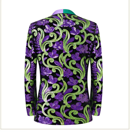 2024 New Flat Velvet Large Flower Sequin Jacquard Mens Blazer, Purple  Stage Performance Suit Dress, Host Fashion Show Jacket