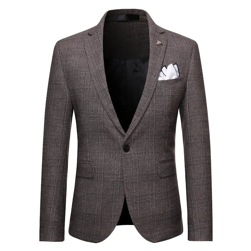 Coffee Brown Men Striped Plaid 3-Piece, Dark Blue Wedding Party Slim Fit Blazers Jacket and Vest with Pants, Asian Size M-5XL