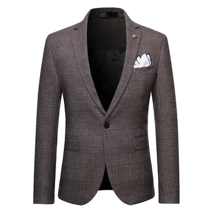 Coffee Brown Men Striped Plaid 3-Piece, Dark Blue Wedding Party Slim Fit Blazers Jacket and Vest with Pants, Asian Size M-5XL
