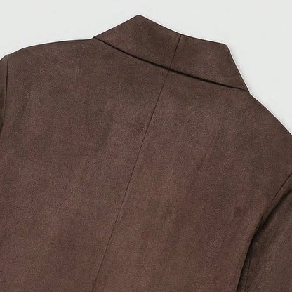 Women's Chic Faux Suede Leather Blazer Coat Long Sleeve with Welt Pockets Fashion Outerwear