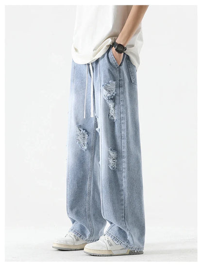Men's Summer Ripped Jeans Loose Straight Leg Retro Men Draw Rope Port Fashion Brand All-match Casual Pants