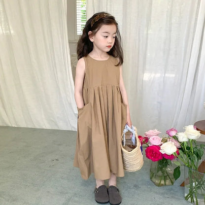 2026 New Summer Children Girls Sleeveless Dress Teen Solid Color Cotton Loose Casual Sundress Kids Vacation Style Princess Dress