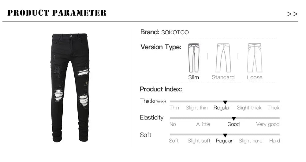 Men Cracked Silver Leather Patch Biker Jeans Streetwear Skinny Tapered Stretch Denim Pants Holes Ripped Patchwork Black Trousers