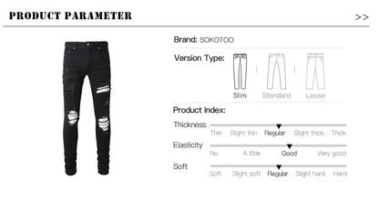 Men Cracked Silver Leather Patch Biker Jeans Streetwear Skinny Tapered Stretch Denim Pants Holes Ripped Patchwork Black Trousers