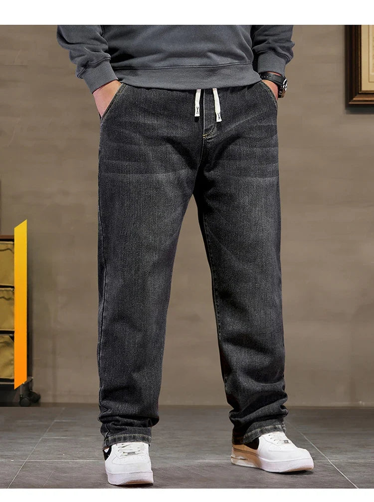 Extra Big Size Jeans Men High Elastic Waist Baggy Denim Pant Male Plus Large Loose Slim Fit Cowboy Trouser 8XL 6XL Classic Black